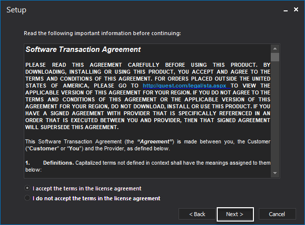 Software Transaction Agreement setup step