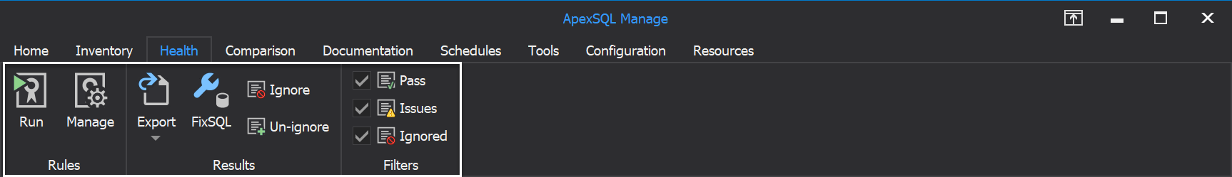 The Health tab of ApexSQL Manage tool