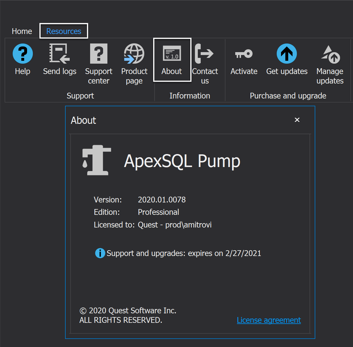 About window in ApexSQL Pump