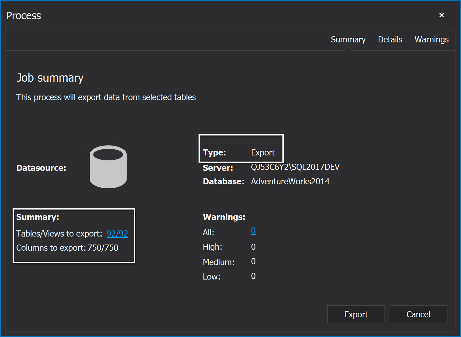 Export job summary in ApexSQL Pump 