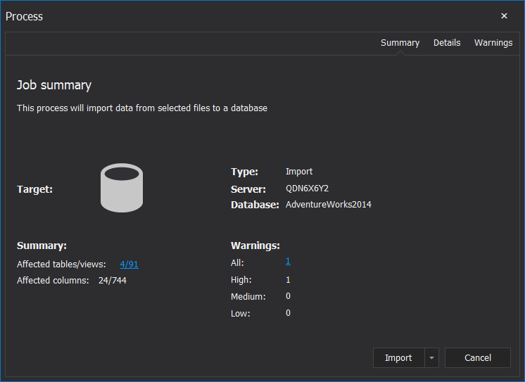 Import job summary in ApexSQL Pump