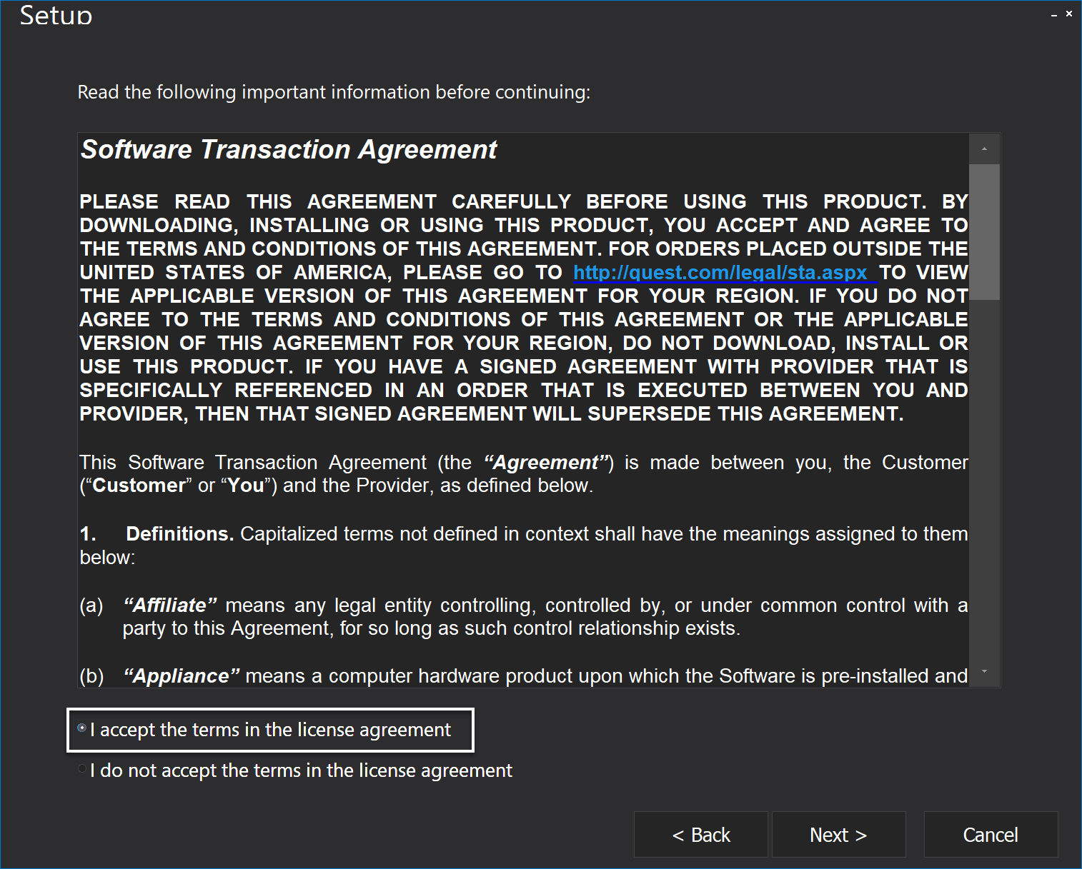 Software Transaction Agreement in the ApexSQL Pump installation wizard