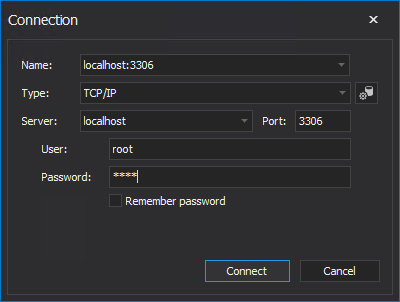 The Connection dialog in ApexSQL Doc for MySQL 
