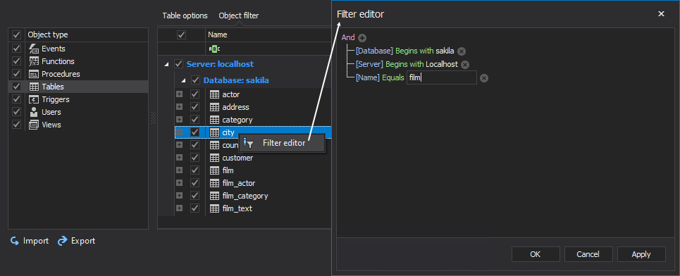 The Filter editor dialog under the Object filter tab 
