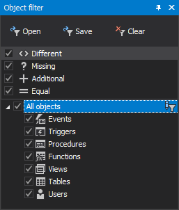 Object filter panel in the main application window 
