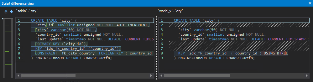 Script difference view panel in the main application window 