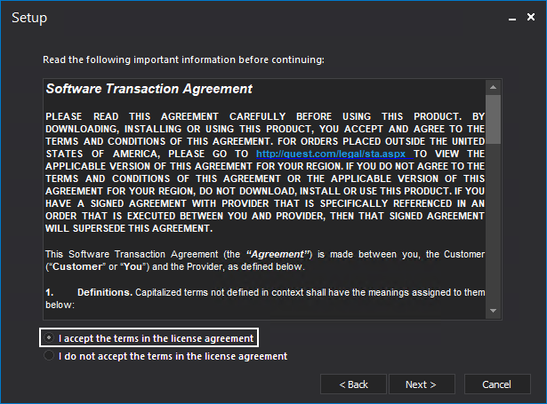 Software Transaction Agreement step in the installation wizard