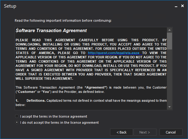 The window of the Quest license agreement 