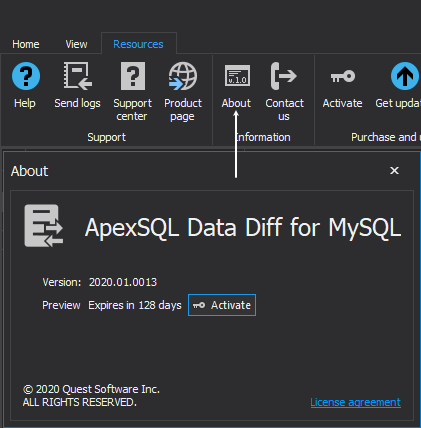 ApexSQL Data Diff for MySQL About window from the Resources tab
