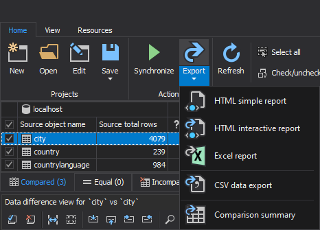 ApexSQL Data Diff for MySQL five different export types