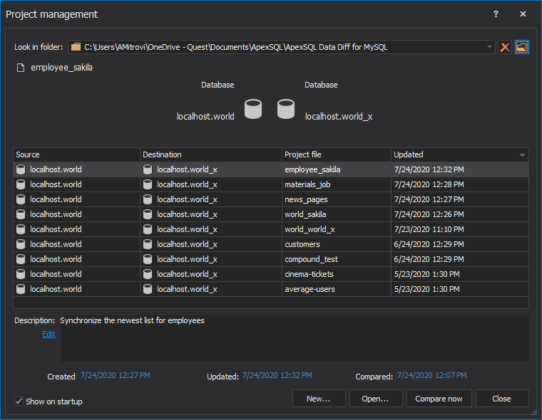 ApexSQL Data Diff for MySQL - Project management window