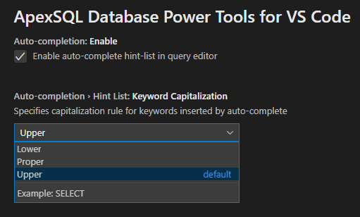 Auto-completion keyword capitalization settings 