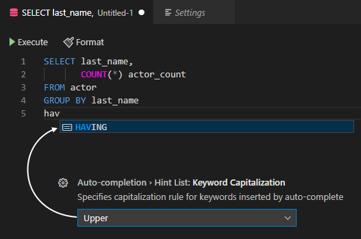Keyword capitalization setting showing impact in the hint-list of suggestions in a query editor