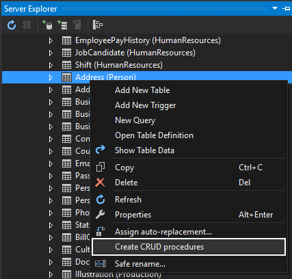 Create CRUD procedures command