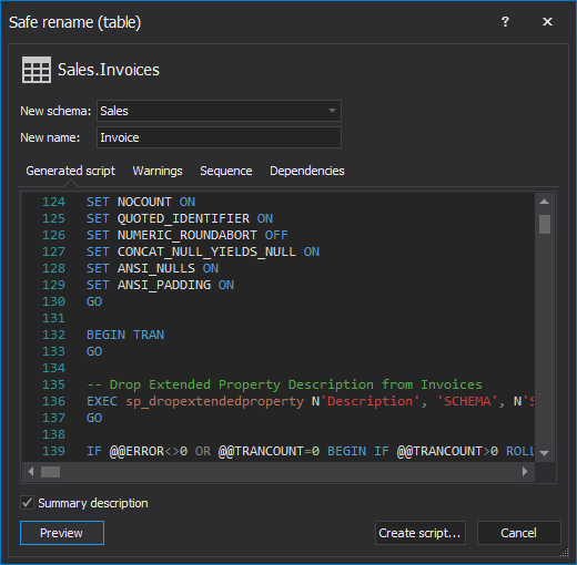 Safe rename SQL Server tables, table columns, stored procedure, functions, parameters without breaking any dependencies