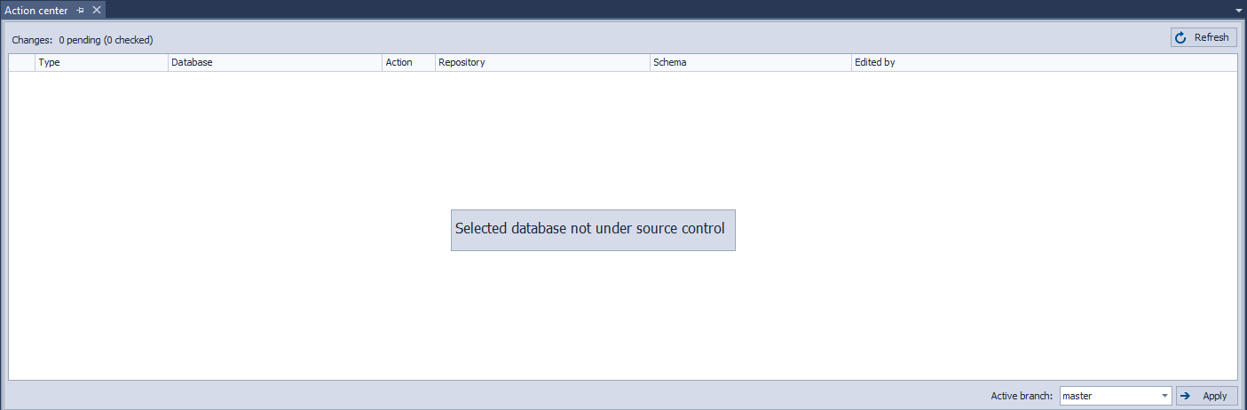 The Action center tab – a database chosen in the Object Explorer panel is not linked to source control system