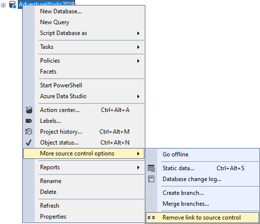 The context menu in the Object Explorer panel for a database linked in the shared development model