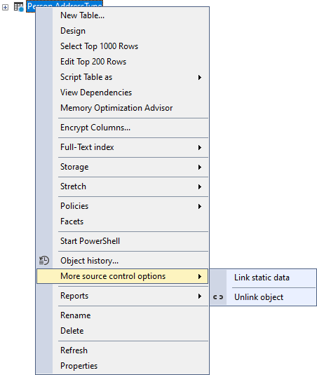 The context menu in the Object Explorer panel for a database object linked in the dedicated development model