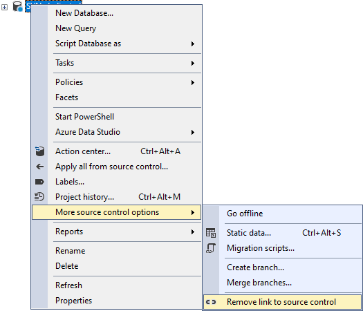 The context menu in the Object Explorer panel for a database linked in the dedicated development model