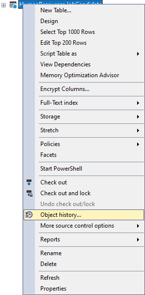 The context menu options and features in the Object Explorer panel for the database object