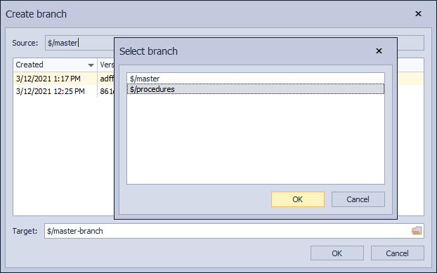 The Create branch window - Selecting a branch