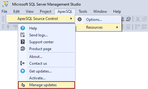 The Manage updates command for ApexSQL Updater