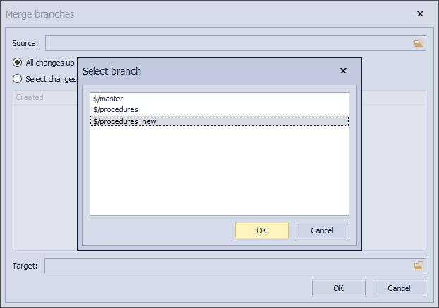 The Merge branches window - Selecting a source branch