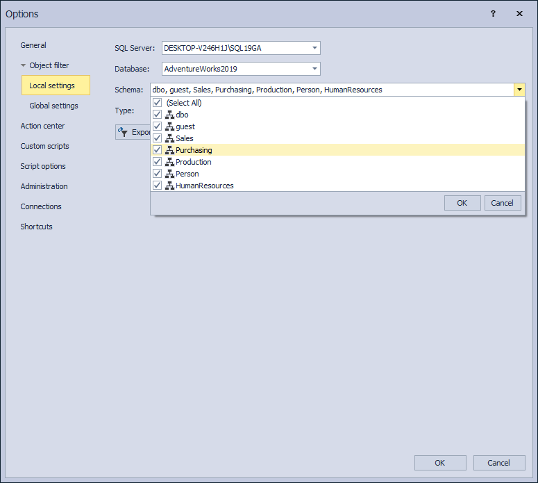The Options window – the Object filter tab – the Local settings sub-tab – schema filtering