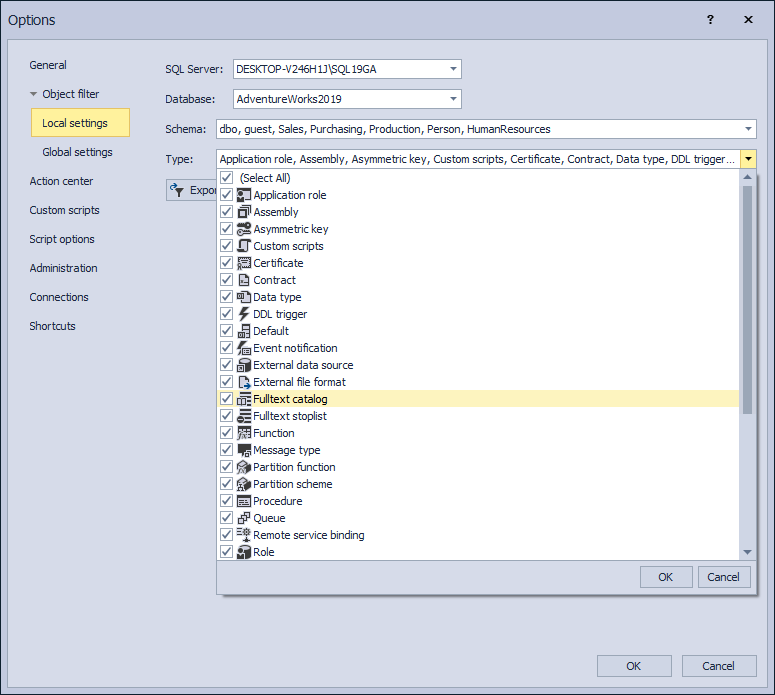 The Options window – the Object filter tab – the Local settings sub-tab – type filtering